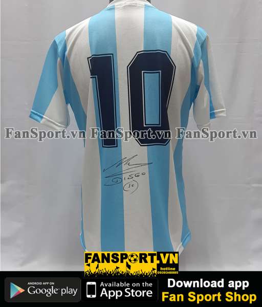 Áo Maradona 10 Argentina 1986 home shirt jersey blue sign hand COA