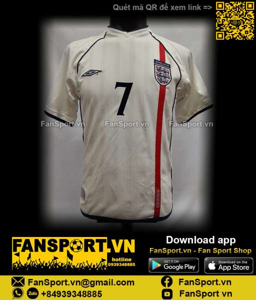 Áo đấu Beckham 7 England 2001 2002 2003 home shirt jersey white Umbro