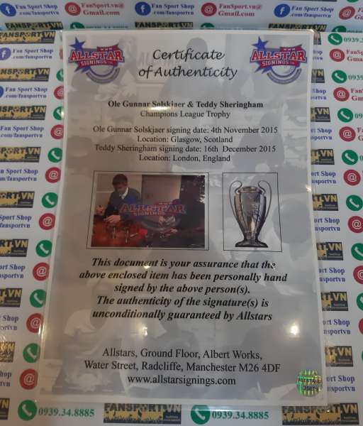Trophy Champion League 15cm chữ ký Sheringham & Solskjaer COA signed
