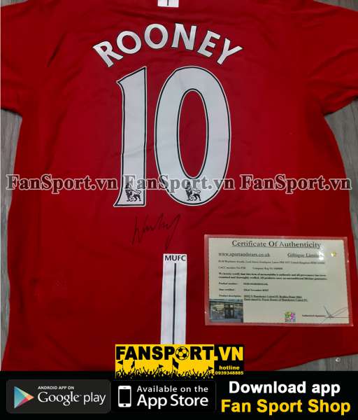 Áo Rooney 10 sign Manchester United 2007-2008-2009 home shirt red COA