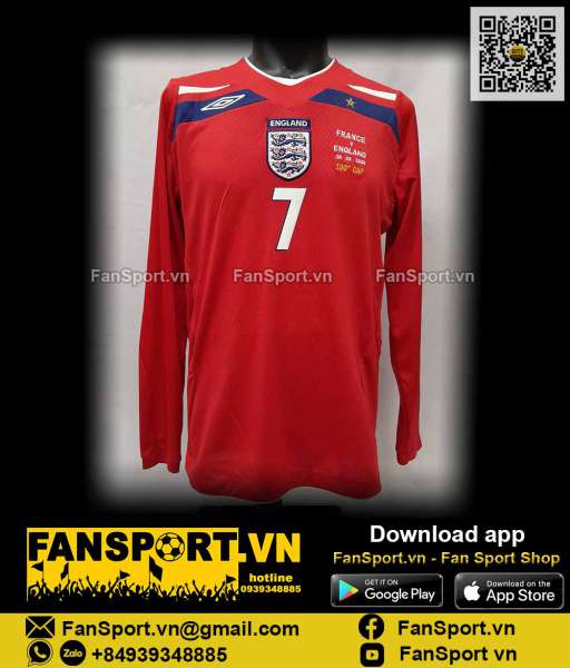 Áo Beckham 7 England 2008-2009-2010 away shirt jersey 100th cap long