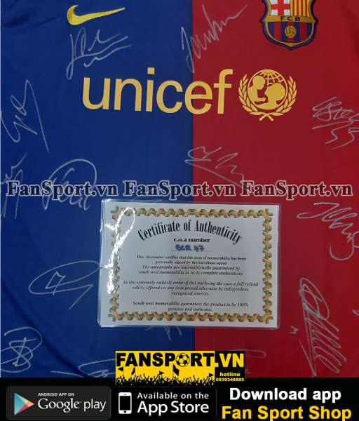 Áo đấu Barcelona 2008-2009 home shirt jersey team signed hand COA BNWT