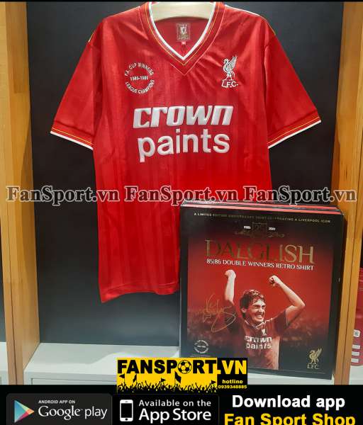 Box áo Dalglish 7 signed Liverpool 1985 1986 home double winner shirt