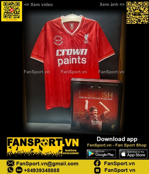 Box áo Dalglish 7 signed Liverpool 1985 1986 home double winner shirt