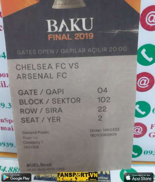 Vé Europa League FInal 2019 Chelsea vs Arsenal Baku ticket replica