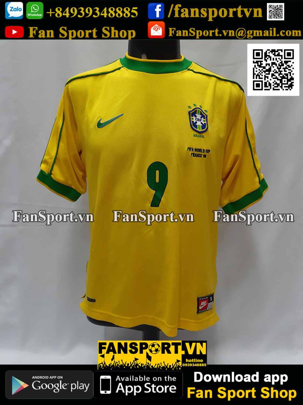 Áo đấu Ronaldo 9 Brazil 1998-1999-2000 home shirt jersey yellow S Nike