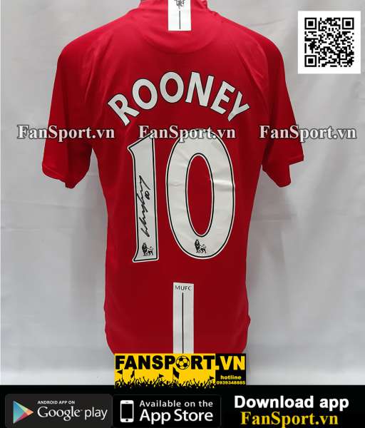 Áo Rooney 10 sign Manchester United 2007-2008-2009 home shirt red COA