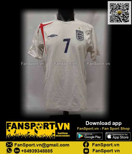 Áo đấu Beckham 7 England 2005-2006-2007 home white shirt jersey Umbro