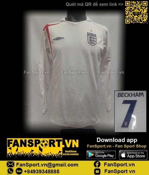 Áo England 2005-2006-2007 home white shirt jersey Umbro long dài tay