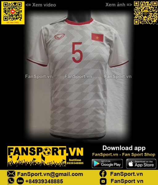 Áo Văn Hậu 5 Việt Nam 2019 away trắng shirt jersey Vietnam Grand Sport