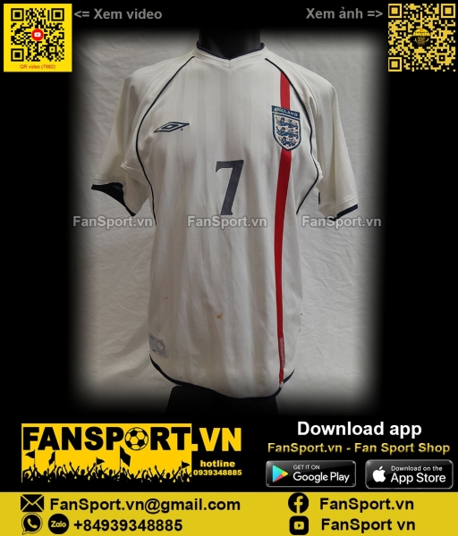 Áo đấu Beckham 7 England 2001 2002 2003 home shirt jersey white Umbro
